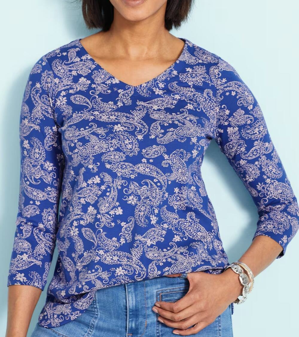 J.Jill Pima Cotton Paisley V-Neck Top Blue Pink 3/4 Sleeve Tee Blouse Small